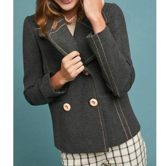 Anthropologie Jacket Peacoat Womens 2 Gray Cropped Blazer Contrast Trim Relaxed - Picture 12 of 13